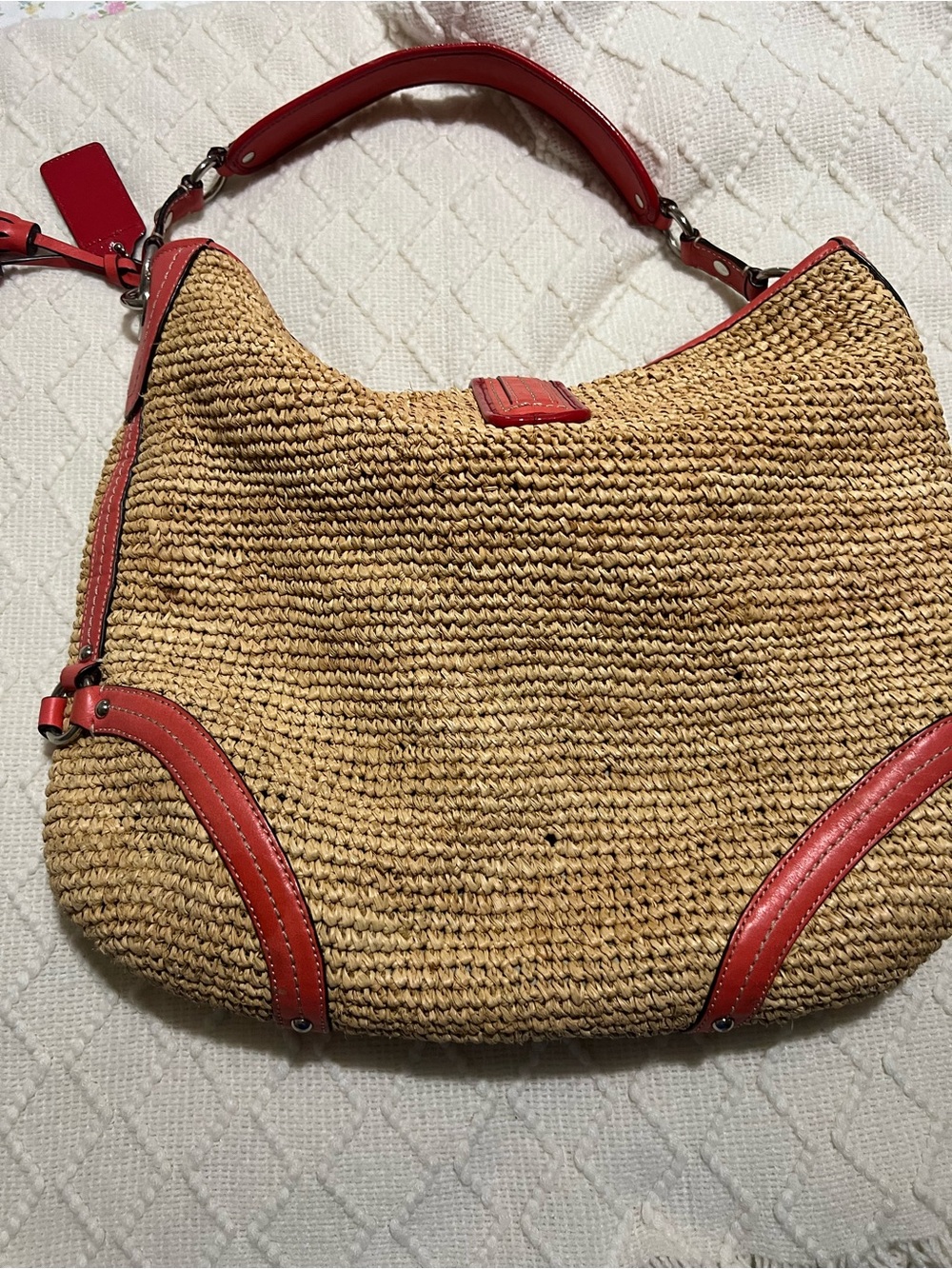 Vintage Coach Straw Hobo Shoulder Bag with Red Leather Trim - Picture 6 of 13